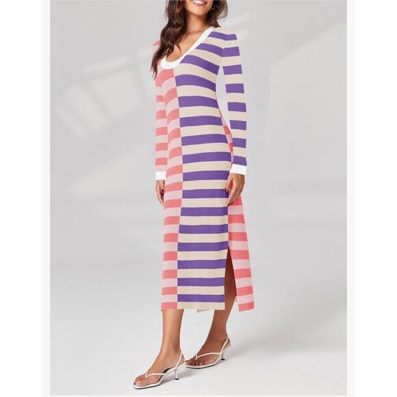 Wenrine Womens 2024 Fall Long Sweater Dress Long Sleeve Striped Maxi Sz Small - Picture 2 of 6
